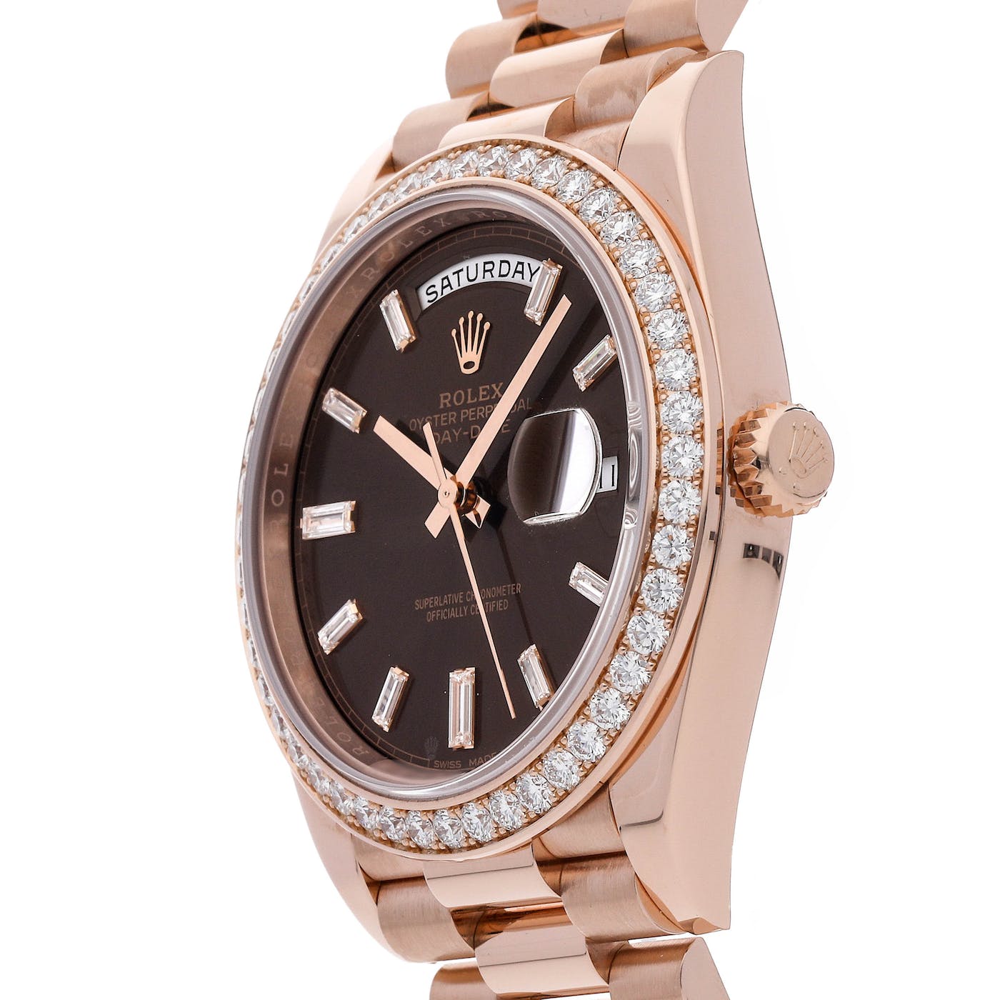 Rolex Day Date 40 Rose Gold Factory Diamond Bezel and Chocolate Baguette Dial 228345RBR
